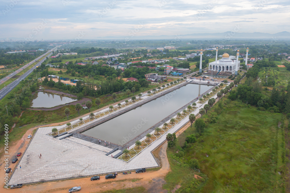 Aerial view of Songkhla Central Mosque in Hat Yai city town, Thailand. Tourist attraction landmark.