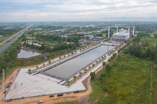Aerial view of Songkhla Central Mosque in Hat Yai city town, Thailand. Tourist attraction landmark.