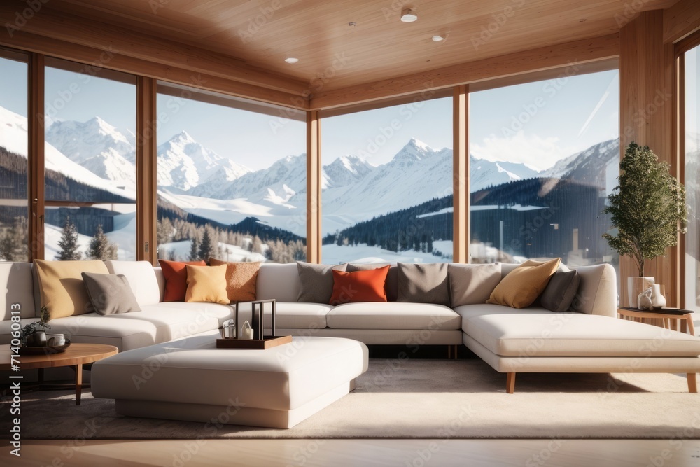 Interior home design of modern living room with corner sofa and table in a wooden room with a view outside the window of a winter snow mountain landscape Interior home design of modern living room with corner sofa and table in a wooden room with a view outside the window of a winter snow mountain landscape