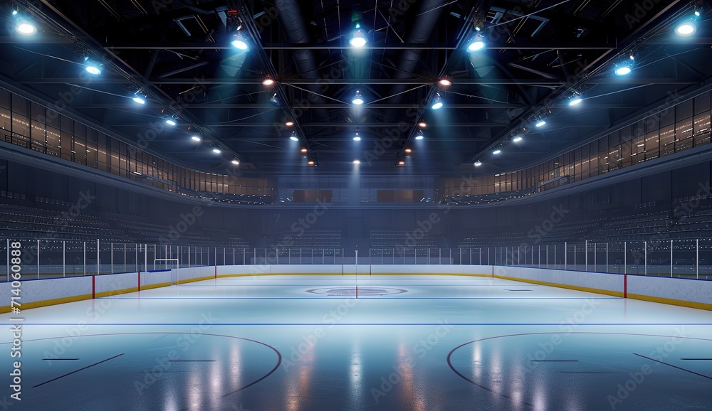 Illuminated hockey rink ready for game - empty seats, bright lights, professional sports arena - obrazy, fototapety, plakaty 