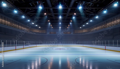 Illuminated hockey rink ready for game - empty seats, bright lights, professional sports arena photo