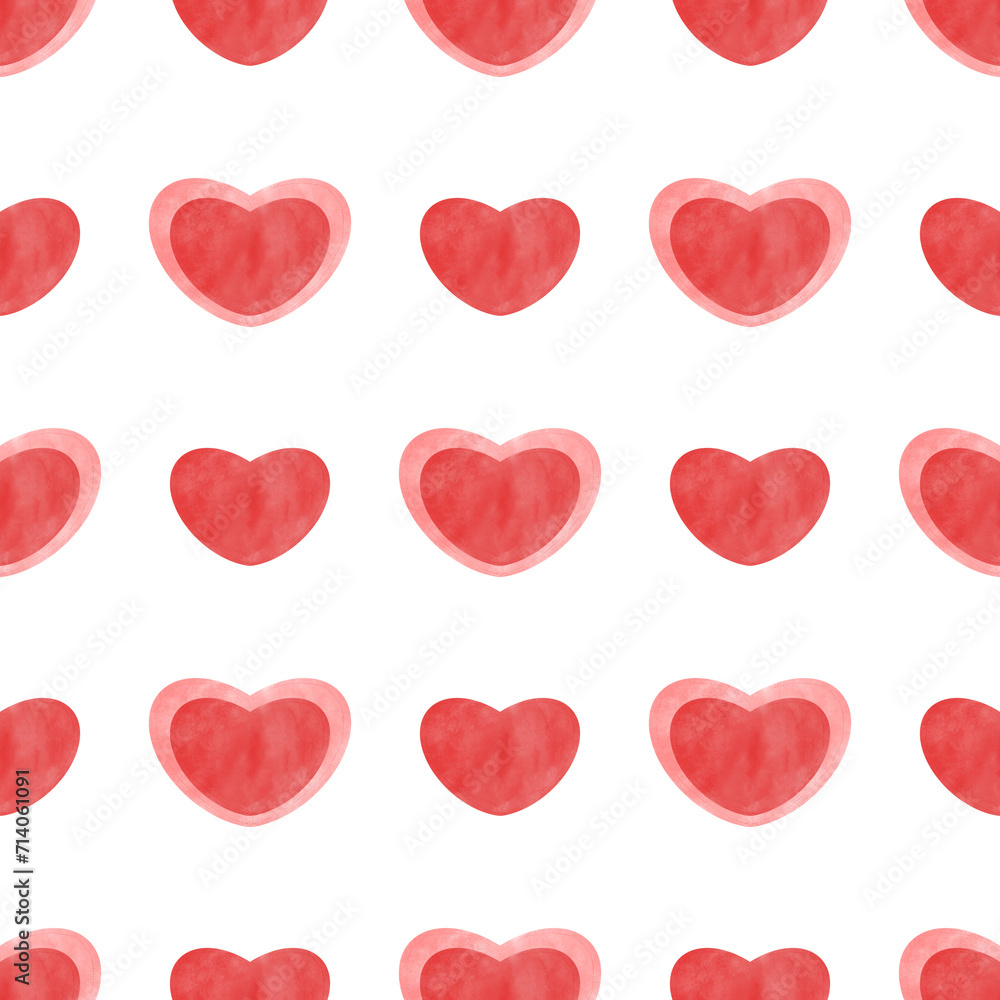Hand-Painted Red Watercolor Hearts Pattern. This image features a seamless pattern of various red watercolor hearts, conveying a sense of love or celebration, on a pristine 