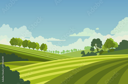 Cartoon vector illustration of lush green fields. Vibrant colors and playful background, natural and versatile landscape design.