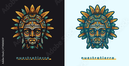 Maya traditional mask vector logo. Aztec culture face illustration design isolated on background, symbol of mexican ancient religion icon art