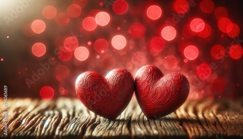 couple red hearts on wood with blurred background of golden light and hearts suitable for Romantic Valentine's Day design