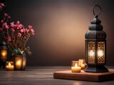 Ramadan lantern with crescent moon and podium as luxury islamic background. Decoration for ramadan kareem, mawlid, iftar, isra miraj, eid al fitr adha and muharram.
