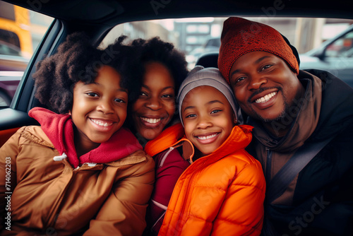 A happy black family in a car, on a business trip or just on a family vacation photo