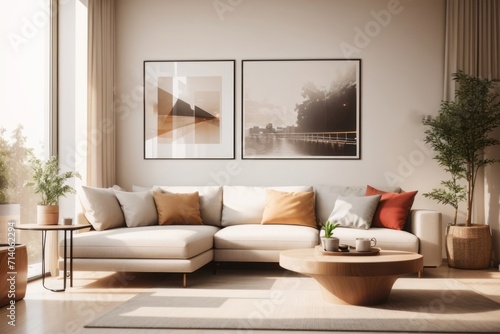 japandi interior home design of modern living room with beige sofa and table with abstract art poster frame on beige wall