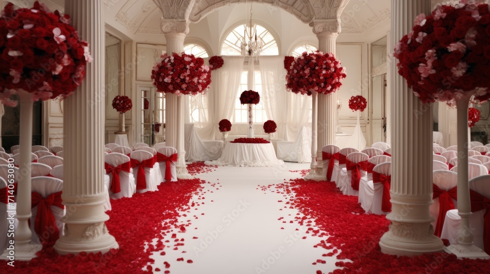 Elegant Red and White Floral Wallpaper and Design for Wedding Room, Generative AI