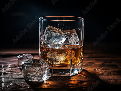 A close-up photo of a glass of whiskey on ice, showcasing a vintage and classy style.