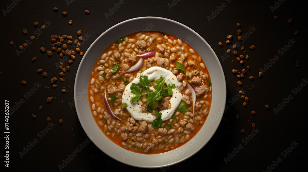 A bowl of creamy and fragrant lentil and meat soup, a hearty and nutritious dish often eaten during Ramadhan A bowl of creamy and fragrant lentil and meat soup, a hearty and nutritious dish often eaten during Ramadhan