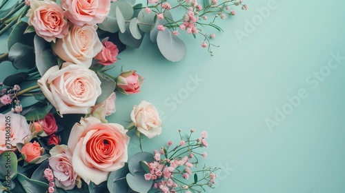 Flowers Bouquet and Love Note in Soft Pink and Pale Green Copy Space