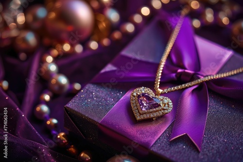 Sparkling Necklace, Love Note, and Gift Box in Luxurious Gold and Deep Purple Copy Space © Sri