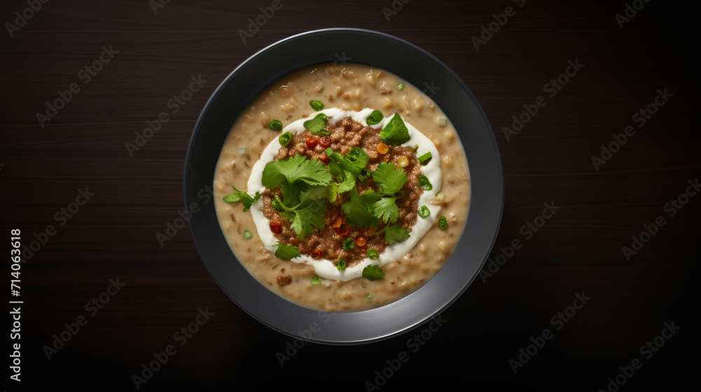 A bowl of creamy and fragrant lentil and meat soup, a hearty and nutritious dish often eaten during Ramadhan
