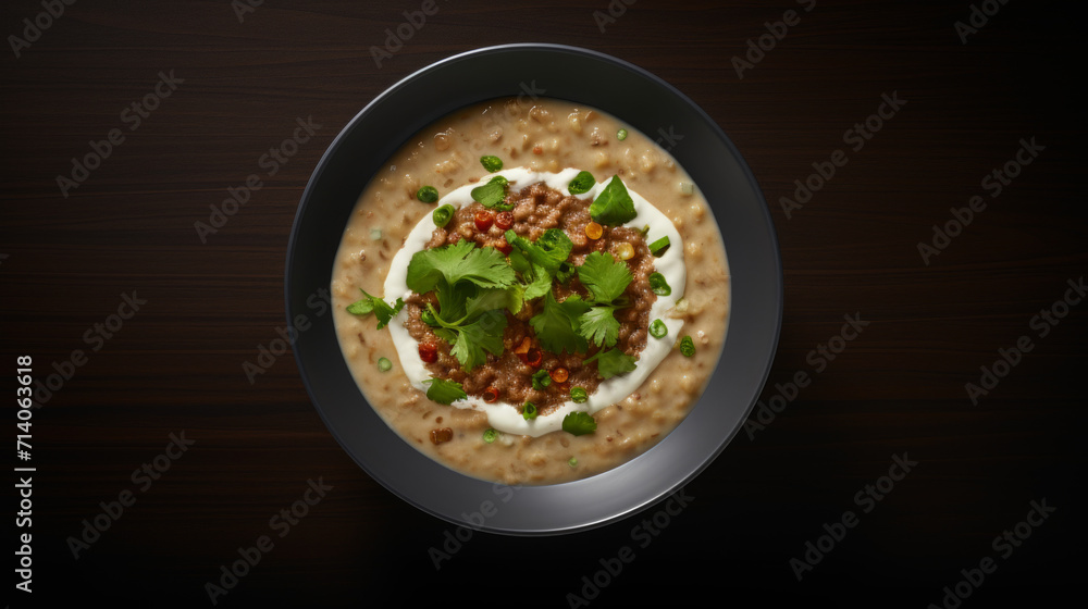 A bowl of creamy and fragrant lentil and meat soup, a hearty and nutritious dish often eaten during Ramadhan A bowl of creamy and fragrant lentil and meat soup, a hearty and nutritious dish often eaten during Ramadhan