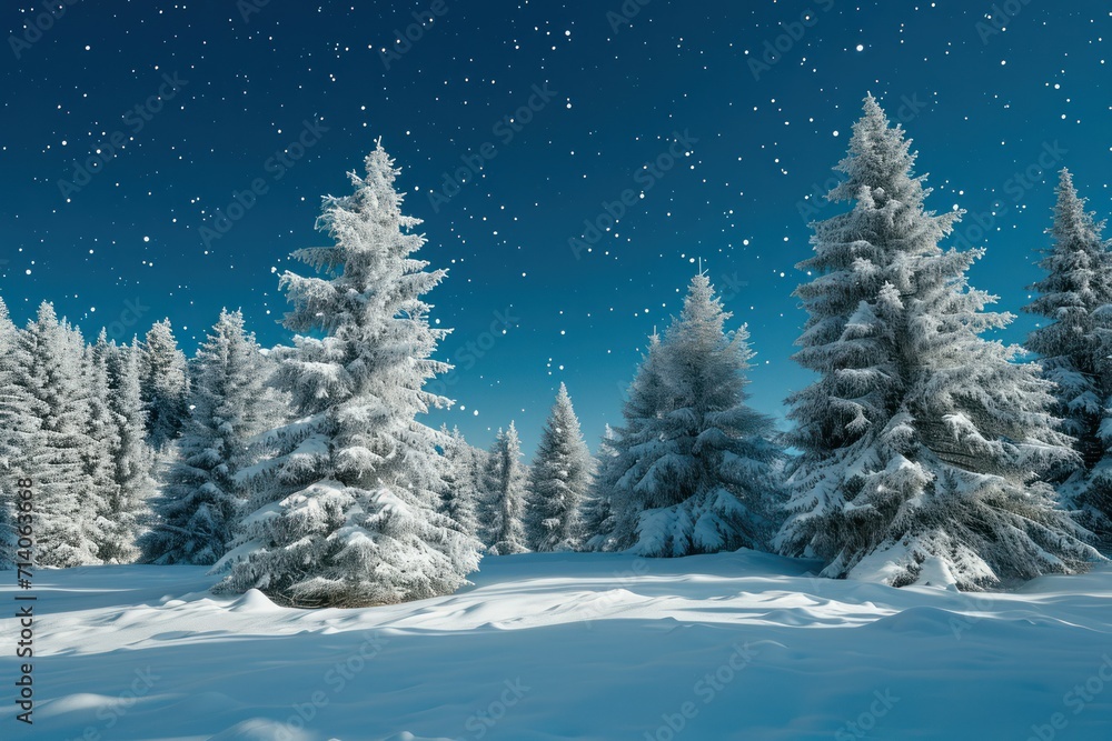 Snowy trees under a blue sky with snow cover on the ground