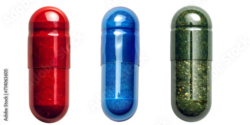 set of blue ,red ,green, capsule pill isolated on transparent background ,generative ai photo