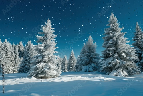 Snowy trees under a blue sky with snow cover on the ground © Muh