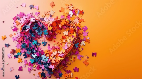 Love Puzzle and Colorful Heart-Shaped Confetti in Bright Pink and Vibrant Orange Copy Space