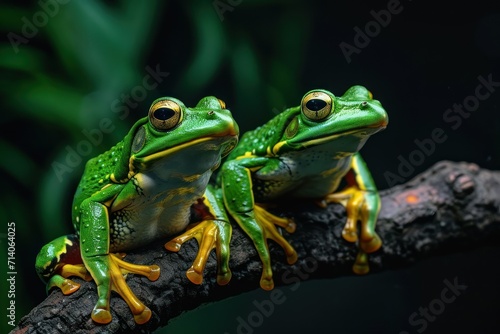 two green frogs on a tree branch with dark background