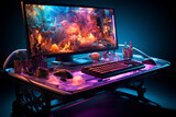 laptop and desktop with rgb lighting on the desk in the background, futuristic , gaming style on generative AI