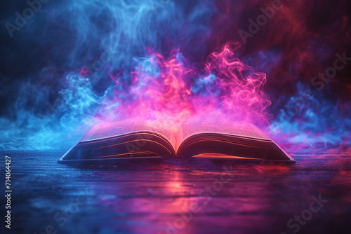 the book emits colored smoke with a 3d illustration