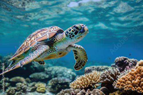 a green turtle swimming with corals © Muh