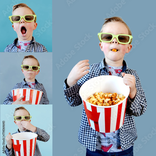 Cute fun kid baby boy 4 year old in red t-shirt holding bucket for popcorn photo
