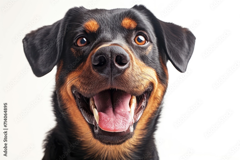 a happy and smiling dog faces a white background