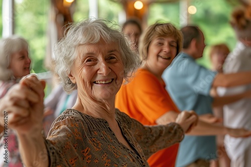 Active graceful Senior Women and Friends Practicing dancing exercise class for muscle health, workout, and training with the retirement community, exercise, and happy elderly friends group.