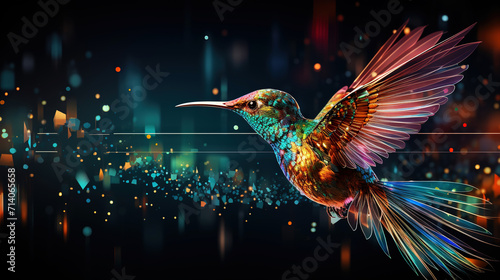 Big data visualization. Flight of a digital humming bird in neon colors. Information aesthetic design. Generative AI photo
