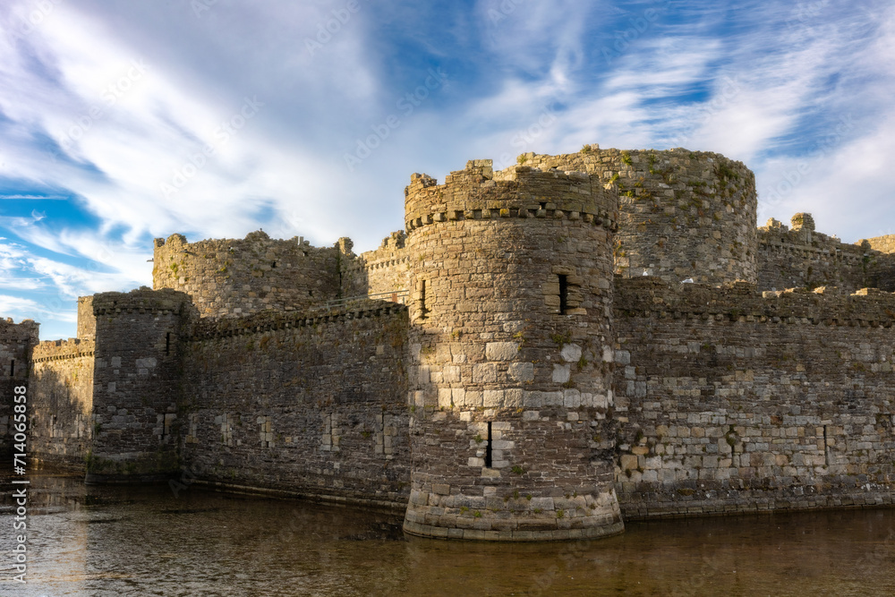 Exterior of an old stone medieval castle - Beaumaris Castle, Anglesey North Wales