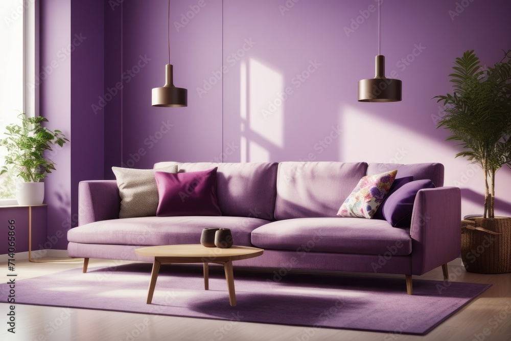 Interior home design of modern living room with purple corner sofa and plant decoration with purple wall near the window