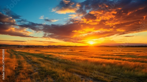 Golden Sunset Over Serene Prairie Landscape 