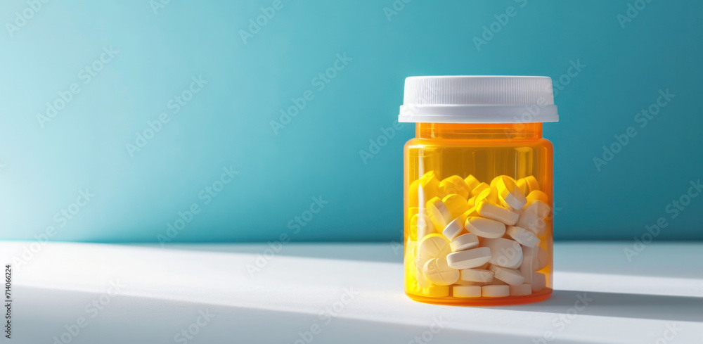 Transparent orange bottle filled with white pills on a blue background, with a white cap, symbolizing healthcare, medication, and pharmaceutical concepts. Banner with copy space. Transparent orange bottle filled with white pills on a blue background, with a white cap, symbolizing healthcare, medication, and pharmaceutical concepts. Banner with copy space.