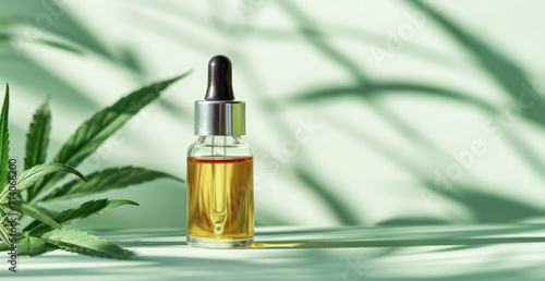 Glass bottle with dropper containing golden liquid, possibly oil, next to cannabis leaf on the green shadowy background. Banner with copy space.