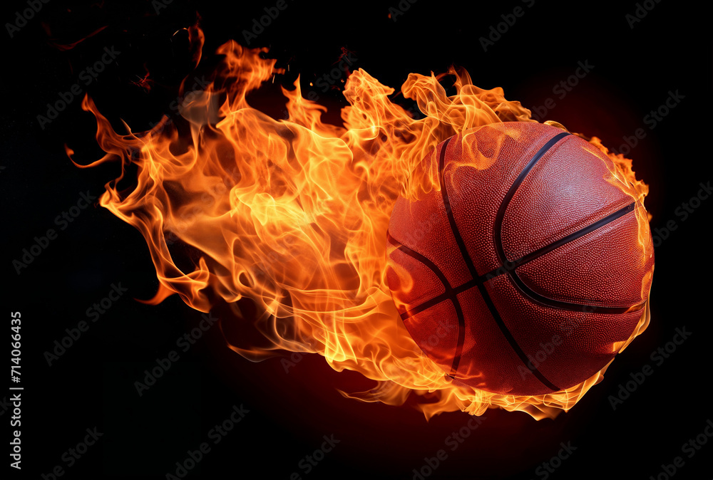 A basketball on fire, isolated on black background, Dynamic Action Shot with Burning Flames A basketball on fire, isolated on black background, Dynamic Action Shot with Burning Flames