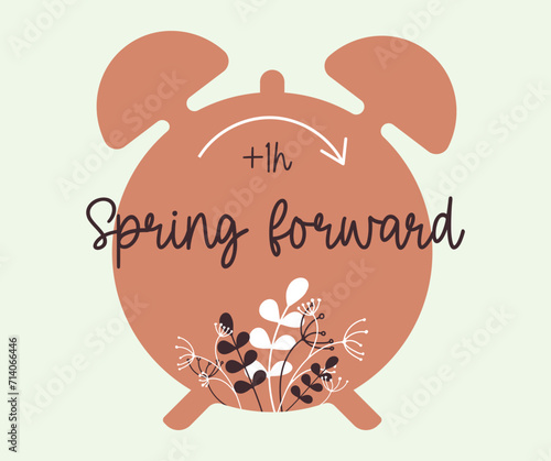 Minimalist Spring Forward poster with Alarm clock silhouette. Springtime concept in flat style with leaves. Arrow indicates timepiece advances one hour. Daylight Saving Time starts