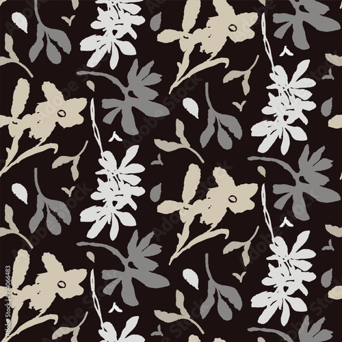 Masculine vector floral pattern with organic botanical shapes. Modern bold black white flower print, design in neutral scandi style.