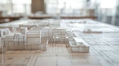 Fototapeta samoprzylepna Detailed Architectural Model and Blueprint Plans on Designer's Workspace