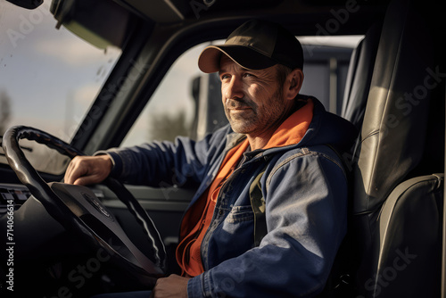 Portrait of a male driver with beard and hat sitting inside truck, car