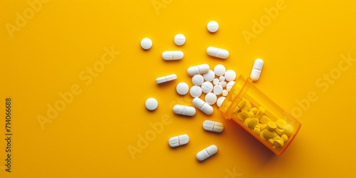 White tablets and pills scattered out of bottle on yellow background, banner, copy space. Concept: drugs, medicine, healthcare, pharmaceuticals