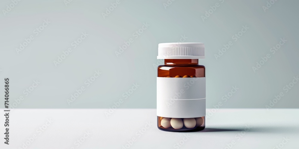 Bottle of pills on light gray background, copy space, banner. Concept: drugs, medicine, healthcare, pharmaceuticals Bottle of pills on light gray background, copy space, banner. Concept: drugs, medicine, healthcare, pharmaceuticals