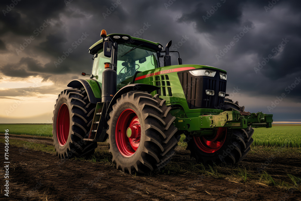 Green tractor in field, farm. Concept of agriculture, agricultural machine, farming, industry, transportation, harvest Green tractor in field, farm. Concept of agriculture, agricultural machine, farming, industry, transportation, harvest