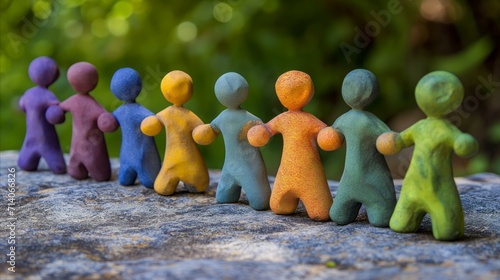 Handcrafted Colorful Wooden Figures Standing on a Rock