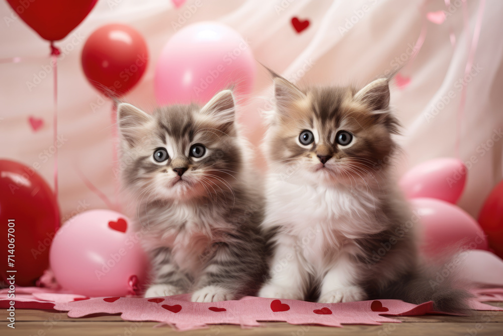 White and Grey Kittens Cuddling Surrounded by Pink Roses, Generative AI