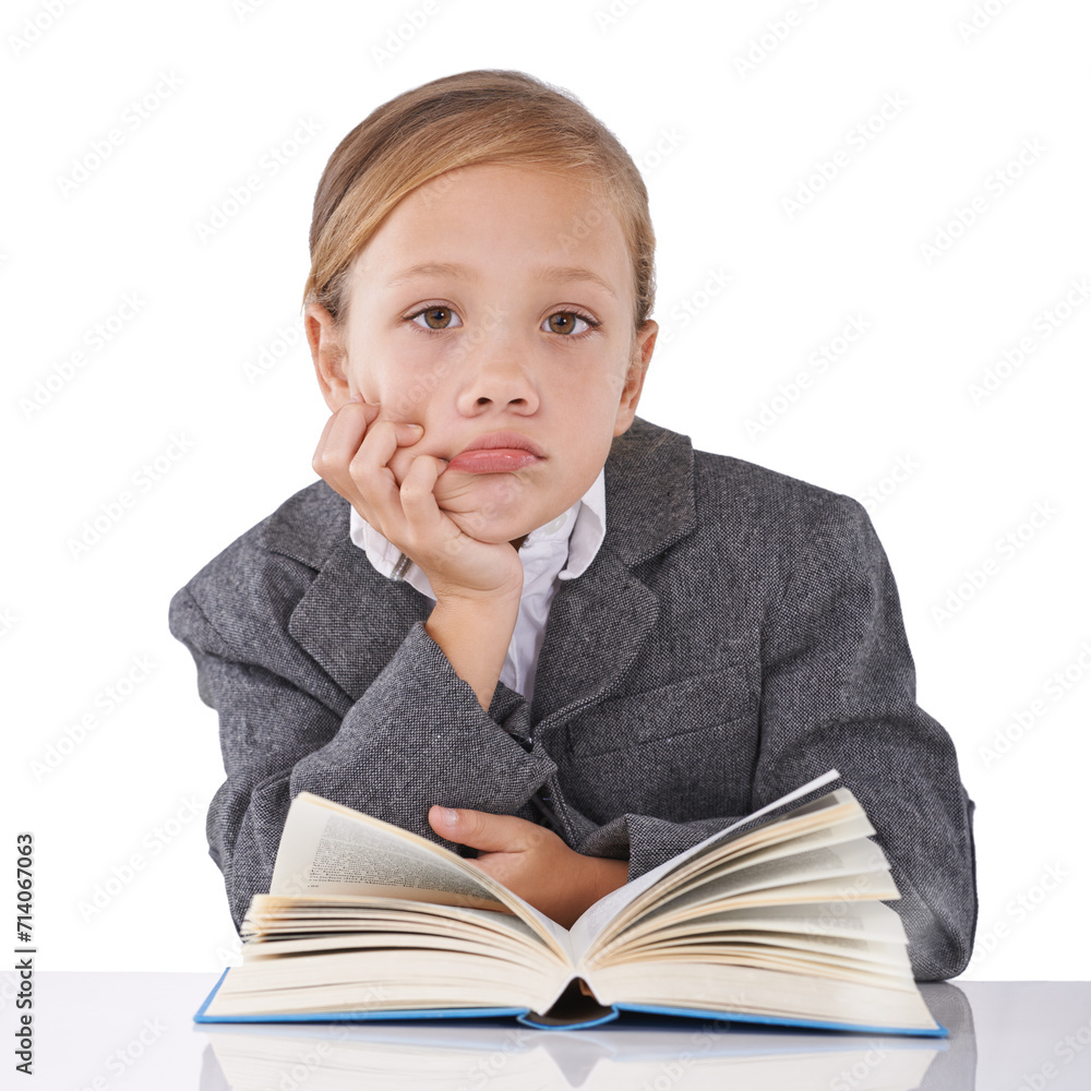 Girl, child and reading book for knowledge in portrait, learning and fiction novel on white background. Female person, studio and info for imagination development, education and studying literacy Girl, child and reading book for knowledge in portrait, learning and fiction novel on white background. Female person, studio and info for imagination development, education and studying literacy