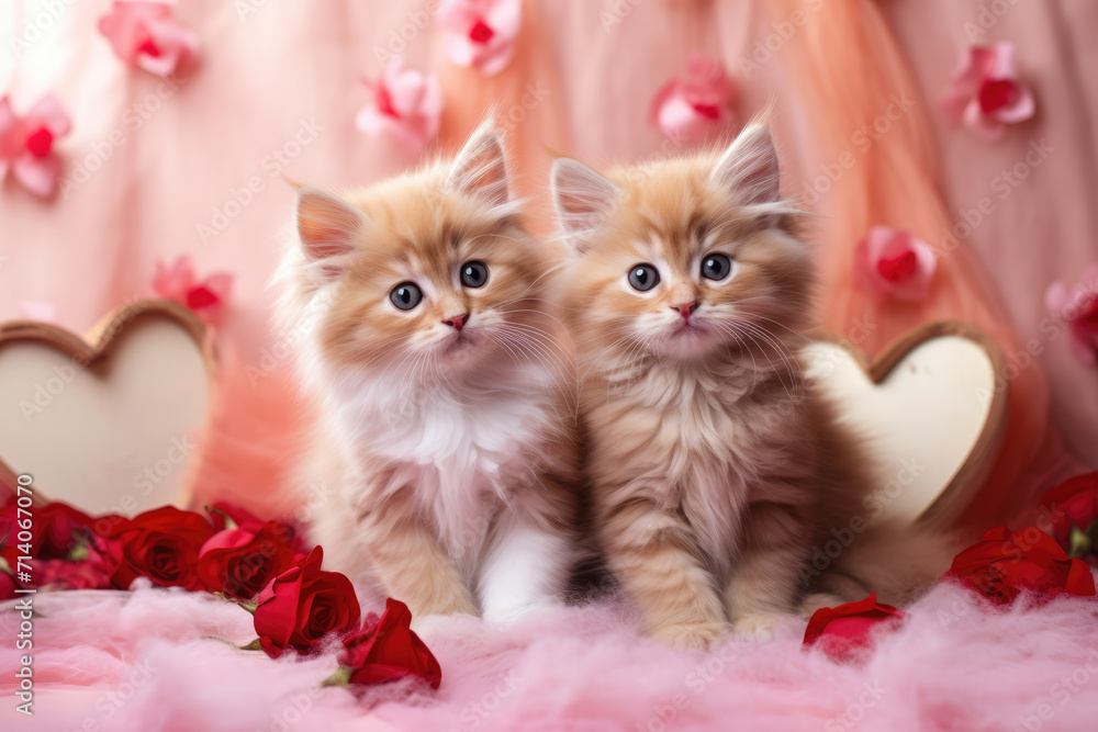 Two Fluffy Orange Tan Kittens Surrounded by Roses, Generative AI