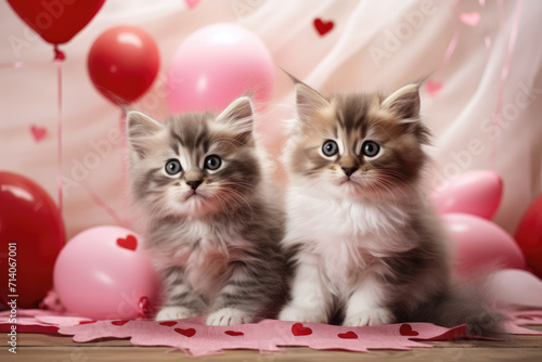 Obraz na płótnie White and Grey Kittens Cuddling Surrounded by Pink Roses, Generative AI w salonie