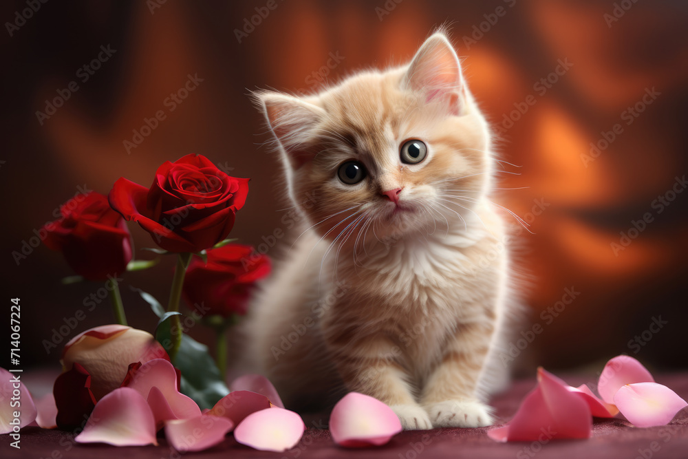Cute Orange Tan Fluffy Kitten Surrounded by Red Roses, Generative AI